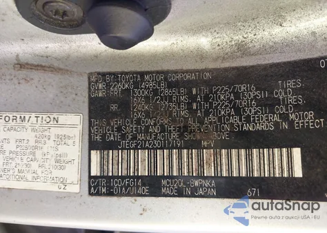 2003 Toyota Highlander V6 from USA, damaged, VIN JTEGF21A230117191